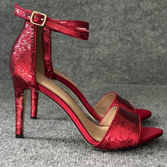 Aldo Heels Womens 8.5 Red Sequin Open Toe Ankle Strap Holiday Formal Dress Shoes - Picture 1 of 11